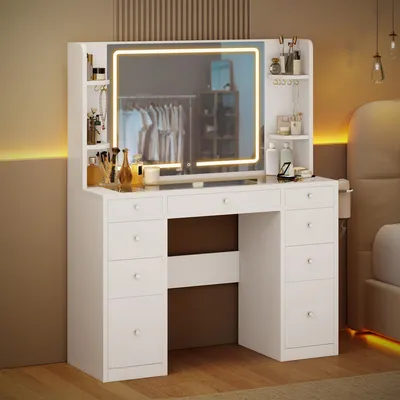 Produktbild von Schminktisch mit verstellbaren LED-Beleuchtung und Steckdosen, Frisiertisch mit 9 Transparenter Schubladen, Weiß