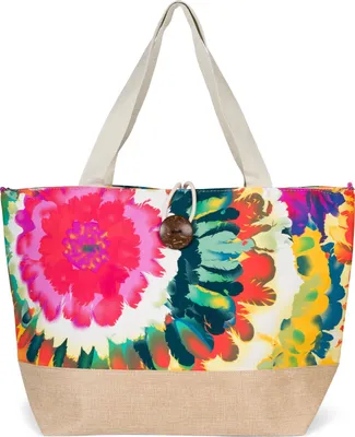 Produktbild von styleBREAKER XXL Strandtasche mit buntem Blumen Print | Große Schultertasche mit Knebelknopf, Stoffhenkel & Karabiner | Damen Shopper 56 x 36 x 18 cm