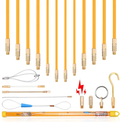 Produktbild von 12m Kabeleinziehhilfe Kabelstangen Set aus Glasfaser, 4/6mm flexibel/robust, mit Führungskopf, Ösen-Aufsatz, Seilzubehör für Elektroinstallation