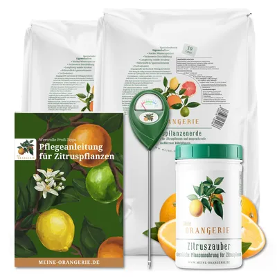 Produktbild von Meine Orangerie Zitrus-Pflegepaket Mezzo: Beste Zitruserde + starker Zitrusdünger + nützlicher Feuchtigkeitsmesser + hilfreiche Pflegebroschüre