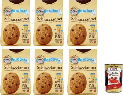 Produktbild von Mulino Bianco, Biscotti Frollini Schiaccianoci Frutta Secca e Cioccolato Fondente, Kekse mit getrockneten Früchten und dunkle Schokolade, biscuits cookies 6x 300g + Italian Gourmet polpa 400g
