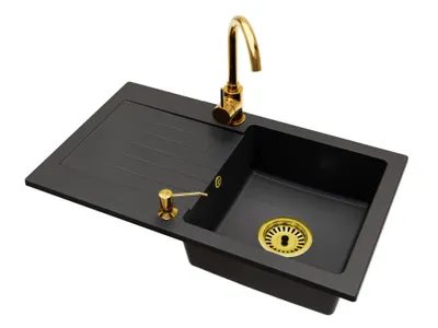 Produktbild von Küchenspüle Einbecken Leon Siphon Armatur Beta Gold Seifenspender