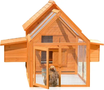 A wooden chicken coop with an attached run, shown against a white background. Two chickens are visible inside the coop.