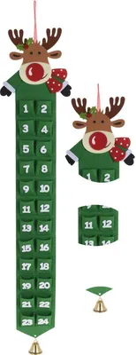 A green felt advent calendar shaped like a reindeer with 24 numbered pockets, shown alongside a smaller reindeer decoration and a bell.