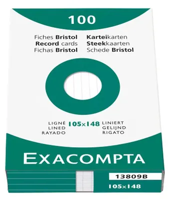 Produktbild von Exacompta 13809B 100er Pack Karteikarten liniert DIN A6 in Kartonschachtel 10,5 x 14,8cm ideal für die Schule und Universität zum Lernen weiß