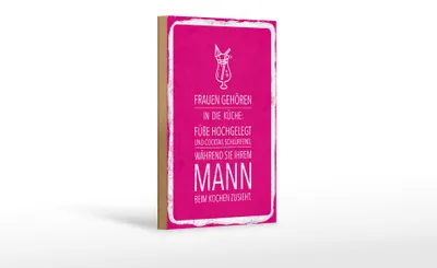 Produktbild von Holzschild Frauen Küche während Sie Mann beim Kochen zusieht, 30 x 20 cm, Holzschilder Spruch