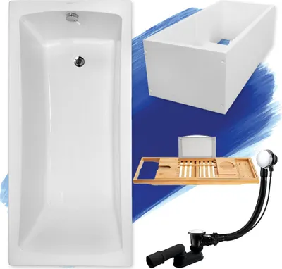 Image de Baignoire rectangulaire Set 5in1 160x70 avec vidage premium et pieds S + support de baignoire + étagère en bois de bambou | BADLAND OPTIMAZ