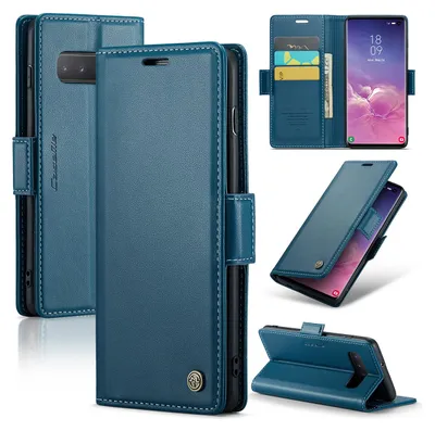 A collage of images showing a blue leather wallet-style phone case for a Samsung Galaxy S10.