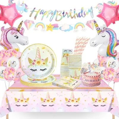 Produktbild von Omgoods – Einhorn-Geburtstagsservice-Set mit Ballons und Tischdecke für Kindergeburtstage