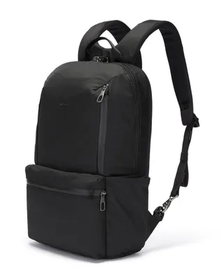 A black backpack shown from a three-quarter angle against a white background.