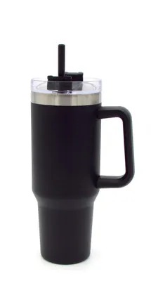 Produktbild von To Go Doppelwandiger Thermobecher Edelstahl für kalt und heiß inkl. Strohhalm ca. 1200ml (Schwarz)