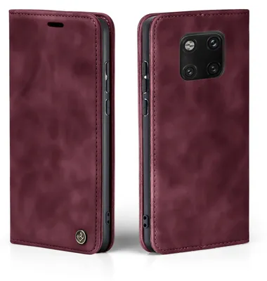A burgundy flip-style phone case for a Huawei Mate 20 Pro is shown from two angles.