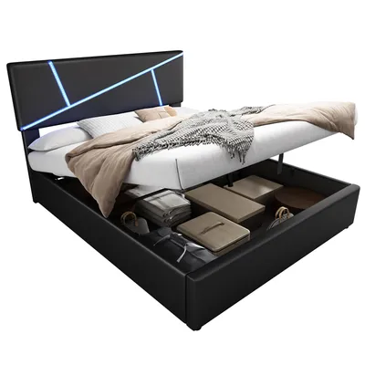 Produktbild von Polsterbett mit LED-Lichtleisten,90*200 cm, Doppelbett mit Lattenrost, Schwarz
