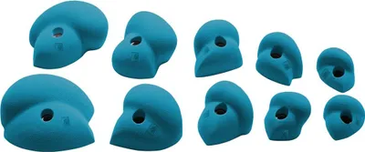 Set von 5 blauen Klettergriffen von Ocun; geeignet für Kletterwände; verschiedene Formen und Größen.