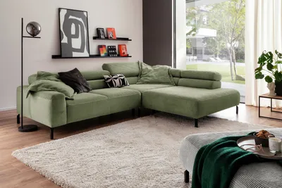 Produktbild von KAWOLA Sofa DELIA Ecksofa Cord olivgrün mit motorischem Sitzvorzug Recamiere rechts