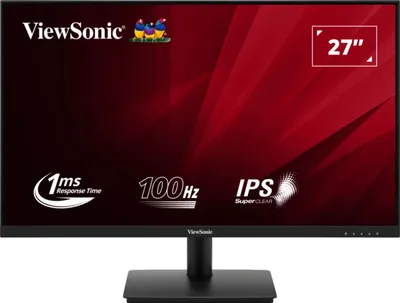 A ViewSonic monitor is displayed with marketing text and graphics.
