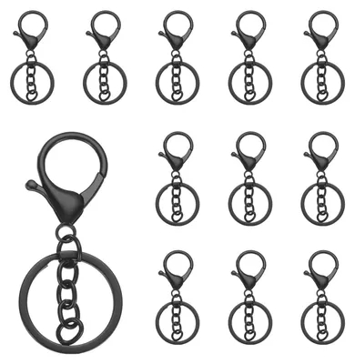 Produktbild von Schlüsselanhänger mit Karabiner und Kette - 12 Stück - 12 mm Durchmesser - für DIY Bastelarbeiten und Makramee - Schwarz