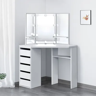 Produktbild von ML-Design Schminktisch Weiß, Frisiertisch mit LED-Beleuchtung, 3 Spiegel, Hocker, 5 Schubladen & 3 Ablagefächern, 110x141,5x54 cm, Kosmetiktisch aus MDF Holz