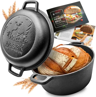 Produktbild von besok 26cm Gusseisen Topf Brot backen - Brotbackform mit Deckel für selbstgemachtes Brot - Ideal als Brotbacktopf, Brotbackzubehör, Gusseisentopf