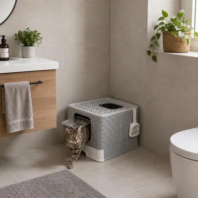 Produktbild von belviona Katzentoilette faltbar, Katzenklo mit Schublade & Streufanggitter, auslaufsicher & hygienisch, hellgrau