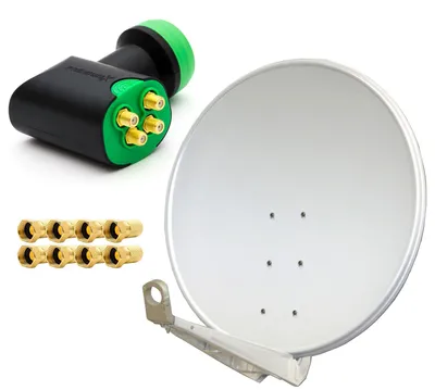 Produktbild von PremiumX DELUXE SAT Anlage für 4 Empfänger 100cm Satellitenantenne ALU Hellgrau mit Green Diamond Quad LNB inkl. 8x F-Stecker