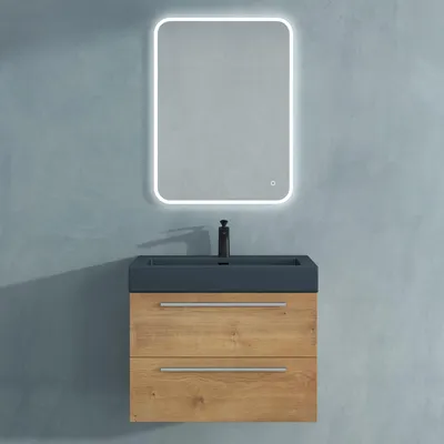 Produktbild von Mai & Mai Badmöbelset Komplett Set Waschbeckenunterschrank 73cm Unterschrank in Kerneiche mit Waschschbecken und LED-Badspiegel Quadratto