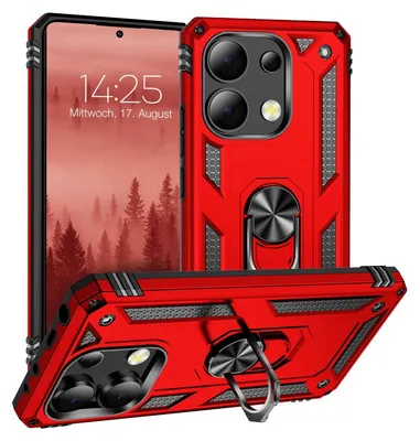 Multiple views of a red smartphone case with a ring holder.