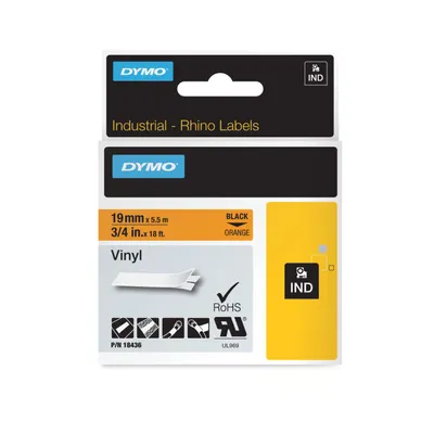 Zdjęcie produktu dla DYMO Przemysłowe etykiety winylowe Rhino | 19 mm x 5,5 m | Czarny nadruk na pomarańczowej taśmie | Samoprzylepne | Do drukarek etykiet Rhino i LabelManager, D1, Winyl, Belgia, 5,5 m, 1 szt., 34 mm