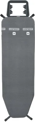 A top-down view of a gray ironing board with black legs and a black headrest.