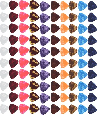 A grid of guitar picks in various colors and patterns.