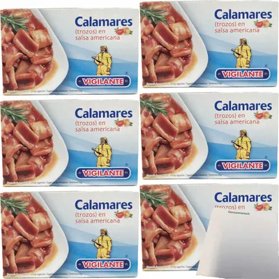 Produktbild von Vigilante Calamares, Tintenfisch (Stücke) in amerikanischer Soße 6er Pack (6x115g Dose) + usy Block