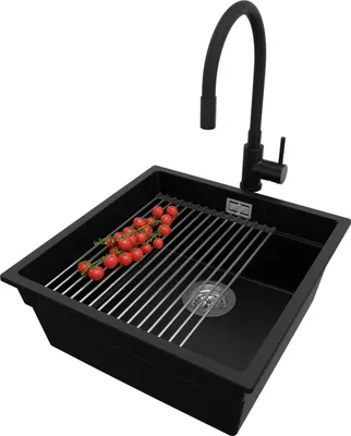 Produktbild von PRIMAGRAN Unterbauspüle Granit Schwarz 46x47cm, Spülbecken 1 Becken + Ablauf-Set + Küchenzubehörset, Granitspüle ab 50er Unterschrank - Praga