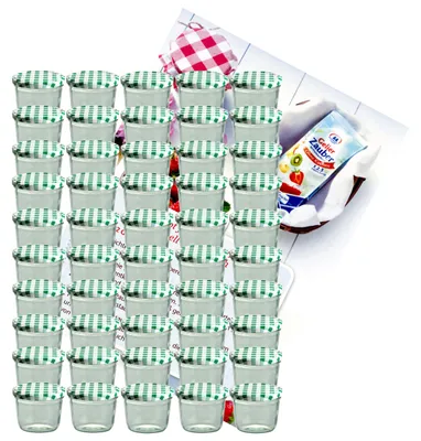 Image de lot de 50 bocaux de 230 ml avec couvercle à carreaux verts, livret de recettes inclus