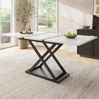 Produktbild von Esstisch ausziehbar 120-160 cm – Teleskoptisch mit schwarzen Kreuzbeinen – rechteckiger Küchentisch für 6-8 Personen – Weiß
