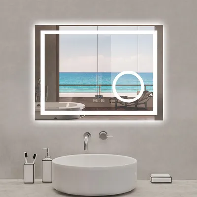 Image de Miroir de salle de bain LED 80x60cm tricolore anti-buée + loupe + bluetooth + horloge + mémoire + dimmable