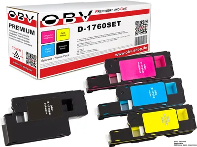 A box of OBV premium toner cartridges for a Dell printer, with several cartridges displayed in front of the box.