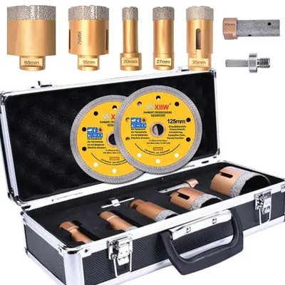 Produktbild von 7tlg Fliesenbohrer Diamantbohrer 20-27-35-55-68mm + 25mm Fingerfräser + HEX Adapter Nass-/ Trockenschnitt Lochsägen Set für Keramik Mauerwerk Granit