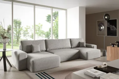 Produktbild von Ecksofas in U-Form ANTONIO CENTAUR 398x148cm, Wohnlandschaft mit Schlaffunktion & Bettkästen, Eckarniutur / Couch in Bouclé-Stoff Dunkelbeige/Grau