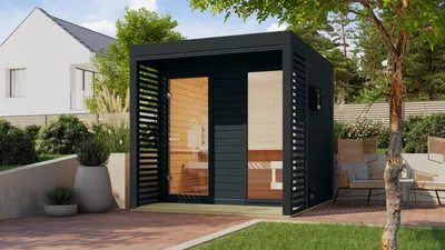 Produktbild von Karibu Saunahaus Außensauna Gartensauna ARES 2 anthrazit lackiert ohne Zubehör 38mm Wände 237x276x232 cm Metallfarbe: anthrazit