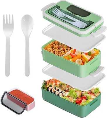 Immagine prodotto di Contenitore per il pranzo dei bambini da 1.400 ml - Bento Box - Protezione per microonde - Posate - Scomparti scorrevoli - Set da picnic
