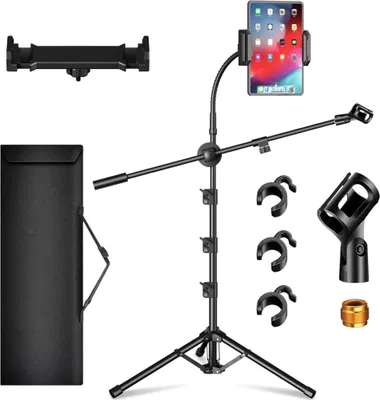 Produktbild von Mikrofonständer mit Galgenarm und Tragetasche – Stabiles Stativ aus Stahl, 107–174 cm (Shure SM58, SM7B, Samson Q2U, HyperX QuadCast, AT2020 u. v. m., ideal für Gesang, Podcast, St