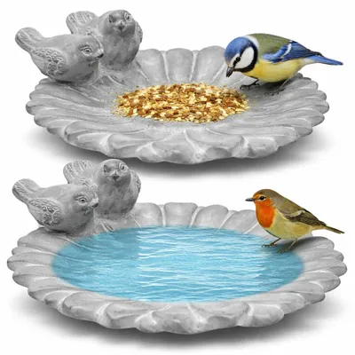 Produktbild von 2er Set Vogeltränke „Sonnenblume“ aus Zement – Vogelbad & Futterschale mit Deko-Vögeln – wetterfest für Garten, Balkon & Terrasse – Ø 25,5 cm, grau