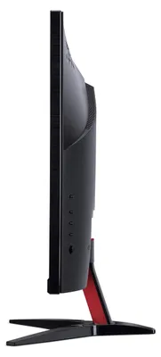 Side view of a black and red gaming monitor on a white background.