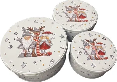 Obrázek produktu pro Sada tří plechových krabiček Unyqoos® na sušenky, vánoční motiv – ocelové plechové krabičky s víkem, stohovatelné, retro vánoční motivy, rozměry 19×8 / 16×7 / 13×7 cm, vhodné pouze pro suché potraviny