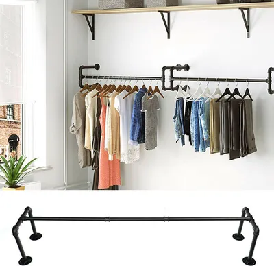 A wall-mounted clothing rack made of industrial pipes, with clothes hanging on it. Below is a separate image of the same rack without clothes.