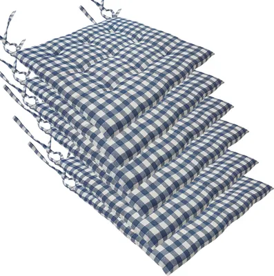 Produktbild von Stuhlkissen 40x40 cm ComfySeat - Sitzkissen mit Bändern / Schleife, 9-fache Steppung - Indoor & Outdoor, Farbe:Karo-Blau, Set:6er Set