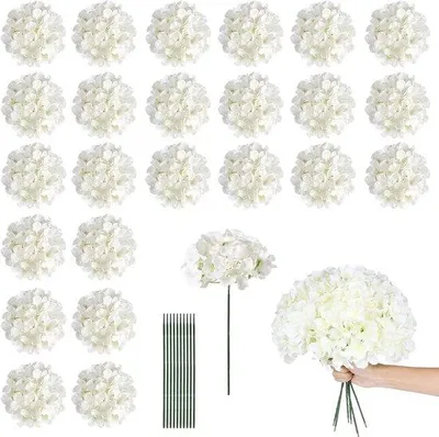 Imagen del producto de 24 hortensias artificiales blancas, flores artificiales realistas con tallos flexibles, ideales para arreglos florales, decoración de bodas, eventos, oficinas y decoración de mesas en el hogar