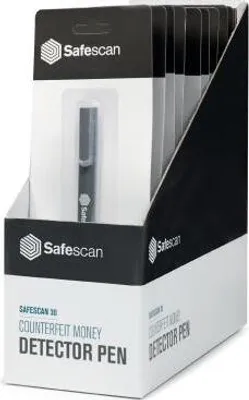A display box of Safescan 30 counterfeit money detector pens.