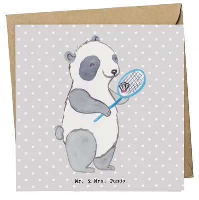 Produktbild von Mr. & Mrs. Panda faltkarte Panda Badminton  - Grau Pastell - Geschenk, Glückwunschkarte, spielen, Klappkarte, Sport, doppelkarte, anlasskarte, Grußkarte