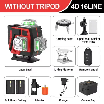 Obrázok produktu pre Laserový nivelátor – 4D, 16 lúčov – automatická nivelácia – 360° horizontálne a vertikálne – diaľkové ovládanie – zelený laserový lúč – batéria súčasťou balenia